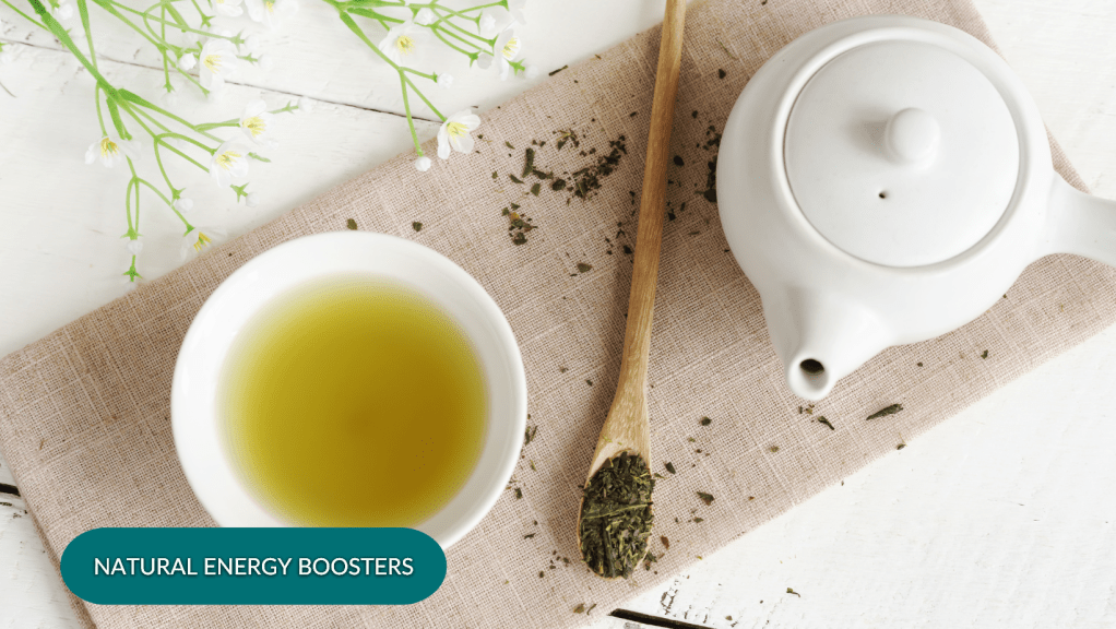 Green tea, coffee beans, and fresh fruits and vegetables as natural energy boosters.