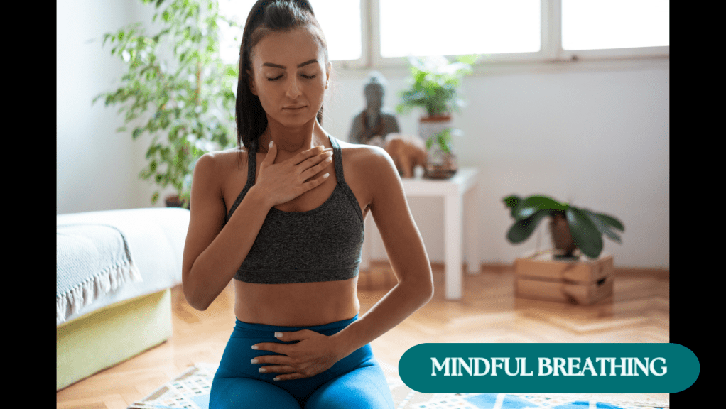 Woman practicing mindful breathing during a yoga pose to enhance his mind-muscle connection.
